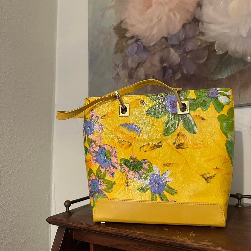 Stuart Weitzman Floral Yellow Patent Leather Tote Bag Shoulder Purse NWOT